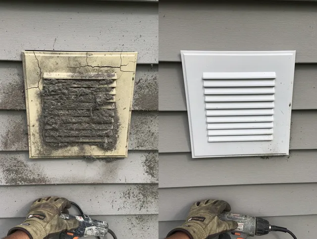Gahanna Dryer Vent Cleaning technician installing high-quality dryer vent cover at a residential property in Gahanna